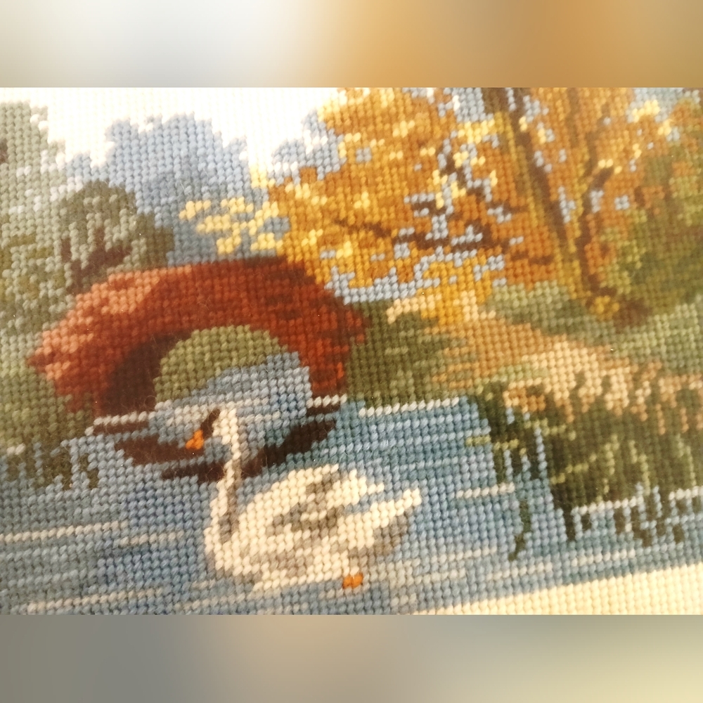Framed Swan Needlepoint Landscape Wall Art 13x17 in Blue, Green and Gold - Picture 2 of 3